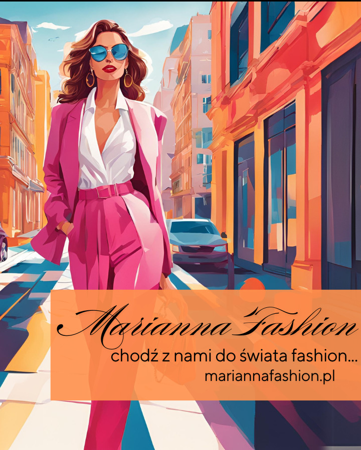 Ilustracja kobiety w różowym garniturze, białej bluzce i okularach przeciwsłonecznych na tle miejskiej ulicy. Stylizowane graficznie, z elementami reklamy.