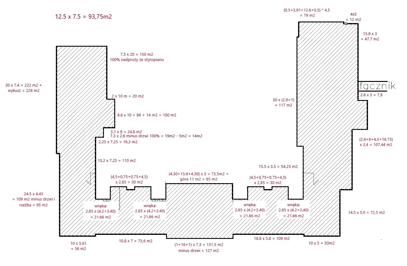 Rzut architektoniczny budynku z podanymi wymiarami i powierzchniami poszczególnych pomieszczeń oraz fragmentów elewacji.