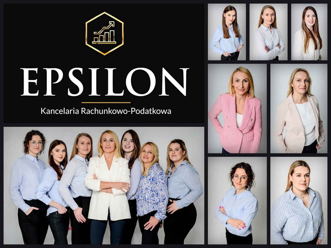 Zdjęcie grupowe zespołu Kancelarii Rachunkowo-Podatkowej Epsilon z logo przedstawiającym rosnące słupki na czarnym tle oraz portrety poszczególnych pracowników w górnym i bocznym rzędzie.