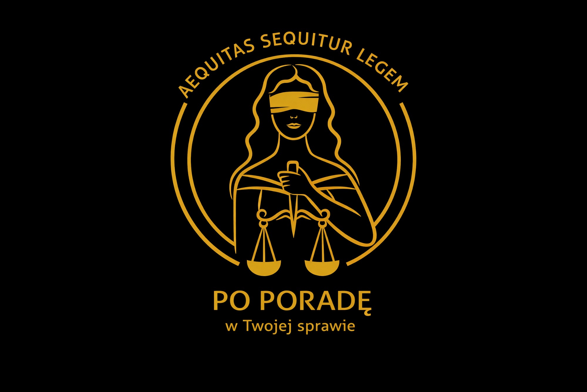 Złoty symbol Temidy na czarnym tle z napisem 'Aequitas sequitur legem' i 'Po poradę w Twojej sprawie'. Grafika promująca usługi prawne.