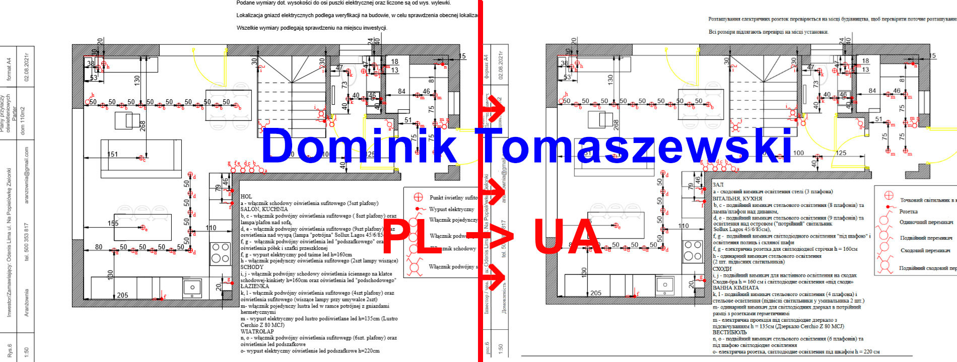 Plan oświetlenia mieszkania z naniesionymi wymiarami i oznaczeniami w języku polskim i ukraińskim, przedstawiający rozmieszczenie punktów świetlnych, gniazd elektrycznych i włączników w różnych...