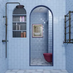 Niebieska łazienka z kabiną prysznicową typu walk-in, p&oacute;łkami z kosmetykami, dekoracyjnym obrazkiem z żyrafami w wannie i grzejnikiem drabinkowym w stylu retro.