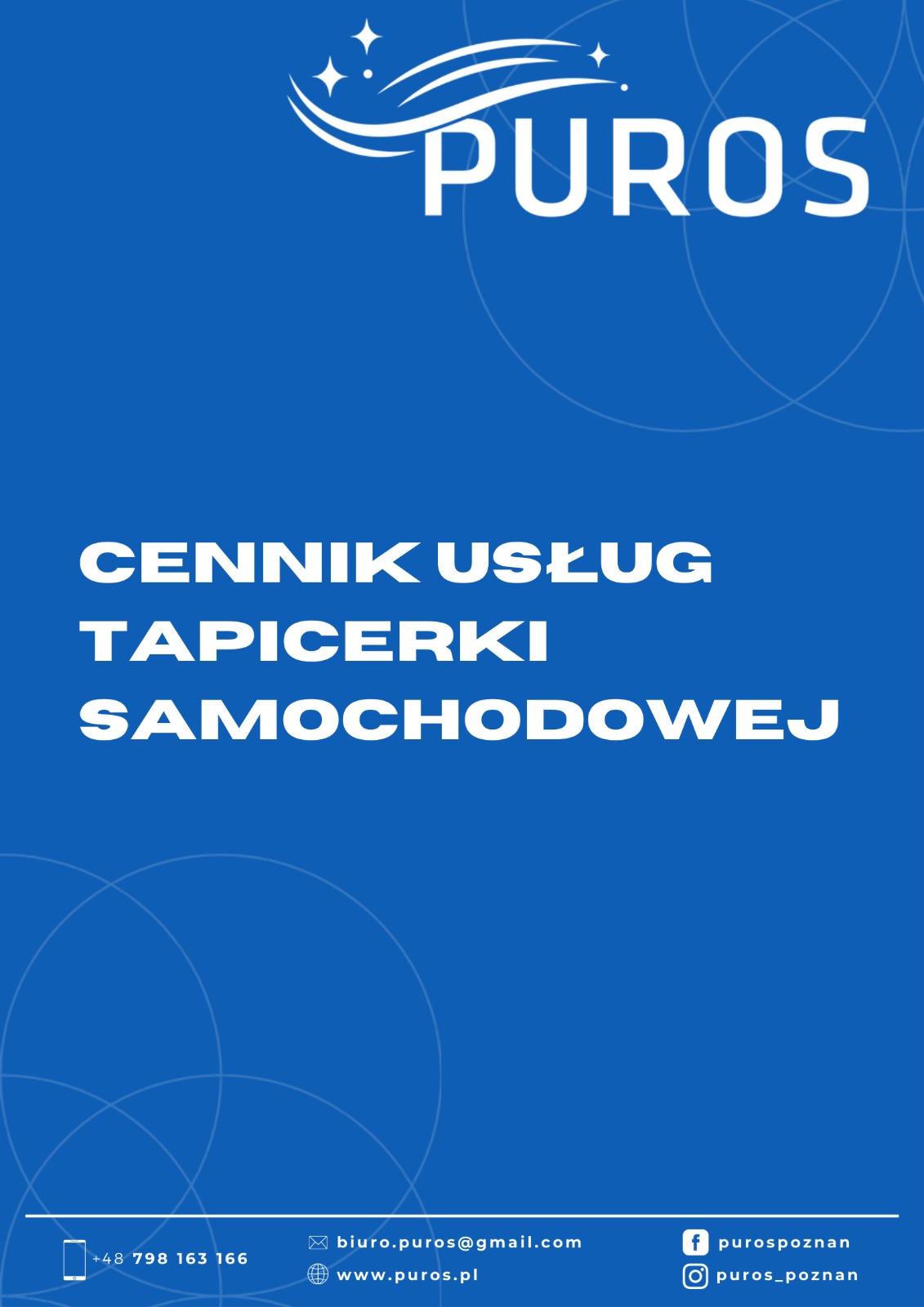 Cennik usług tapicerki samochodowej firmy Puros na niebieskim tle, z logo i danymi kontaktowymi.