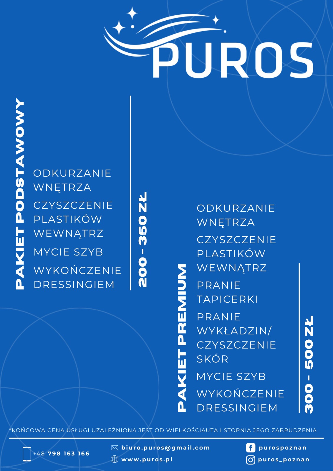 Grafika reklamowa firmy Puros prezentująca pakiety usług czyszczenia wnętrz samochodów, w tym odkurzanie, czyszczenie plastików, mycie szyb i wykończenie dressingiem, z podziałem na pakiet...