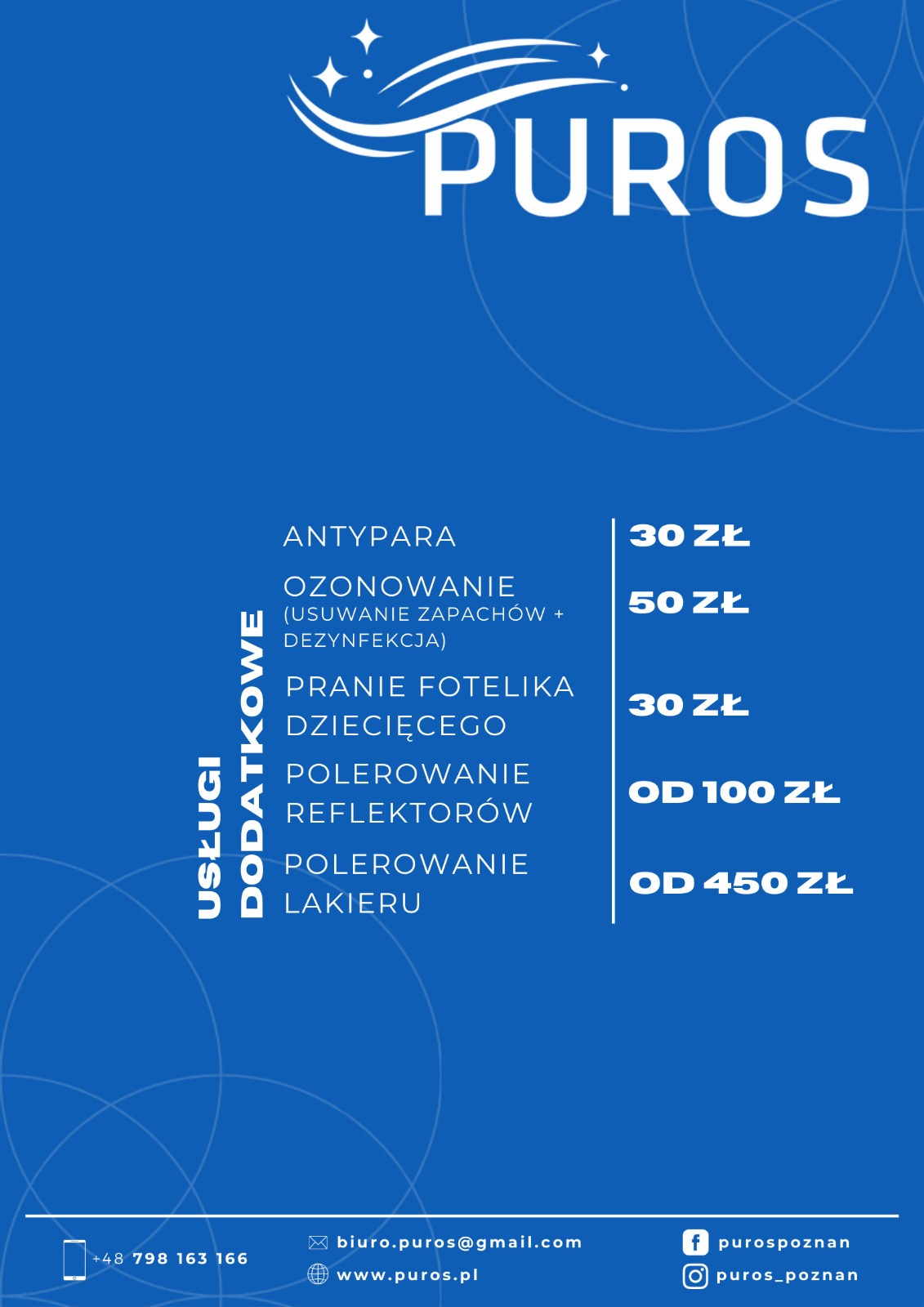 Grafika reklamowa firmy Puros prezentująca ofertę usług dodatkowych, w tym ozonowanie, pranie fotelika dziecięcego oraz polerowanie reflektorów i lakieru, z podanymi cenami w złotych.