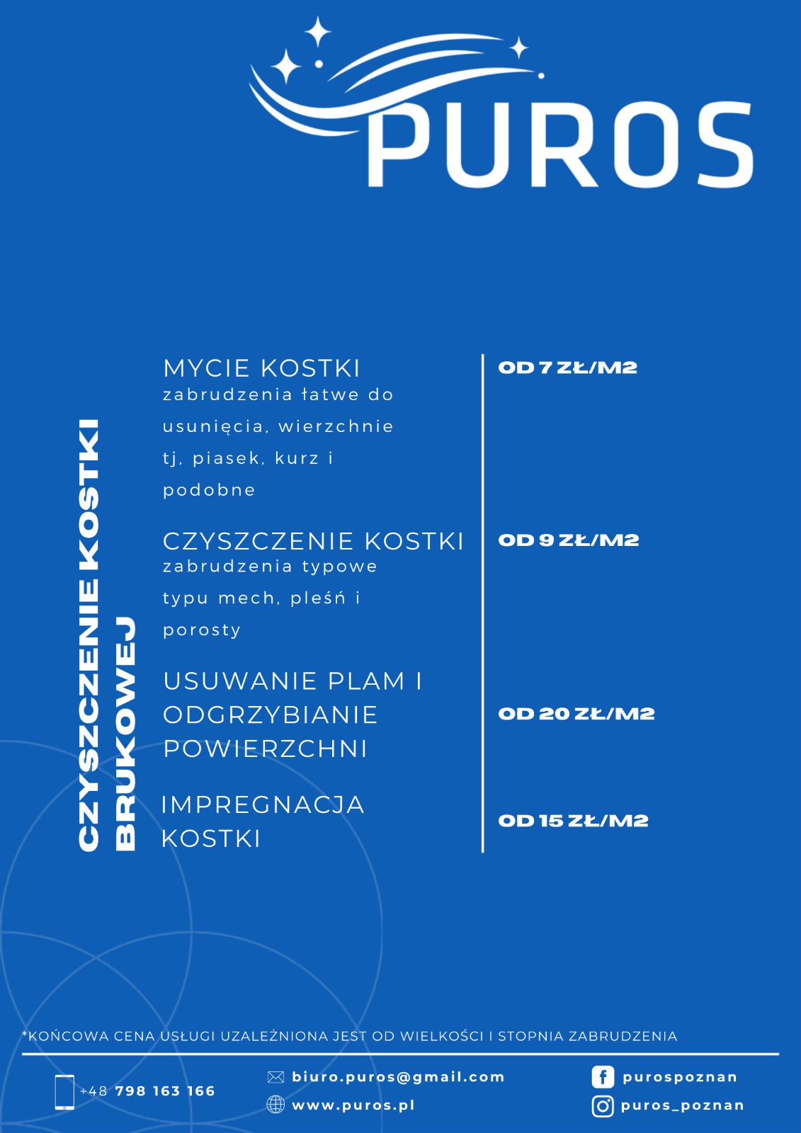 Grafika reklamowa firmy Puros oferującej mycie i czyszczenie kostki brukowej, usuwanie plam, odgrzybianie powierzchni i impregnację kostki, z podanymi cenami za metr kwadratowy oraz danymi...
