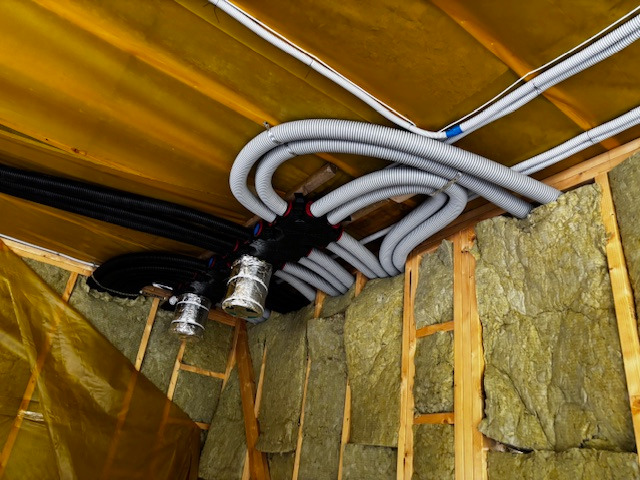 Montaż instalacji rekuperacji z szarymi i czarnymi przewodami w budynku z izolacją z wełny mineralnej. Widok z dołu na sufit i ściany w trakcie prac.
