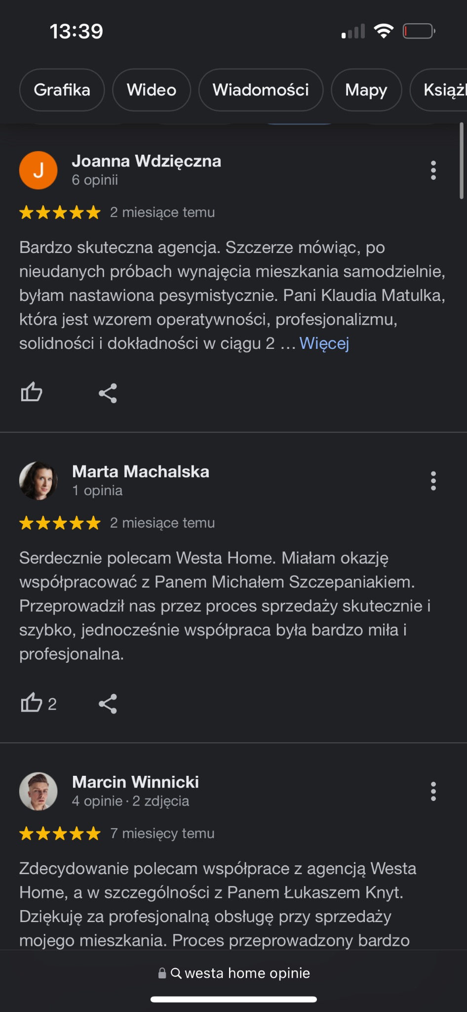 Zrzut ekranu z recenzjami klientów agencji nieruchomości Westa Home, z pozytywnymi opiniami o sprzedaży mieszkań i wynajmie, widoczne oceny pięciogwiazdkowe i pochwały dla pracowników.