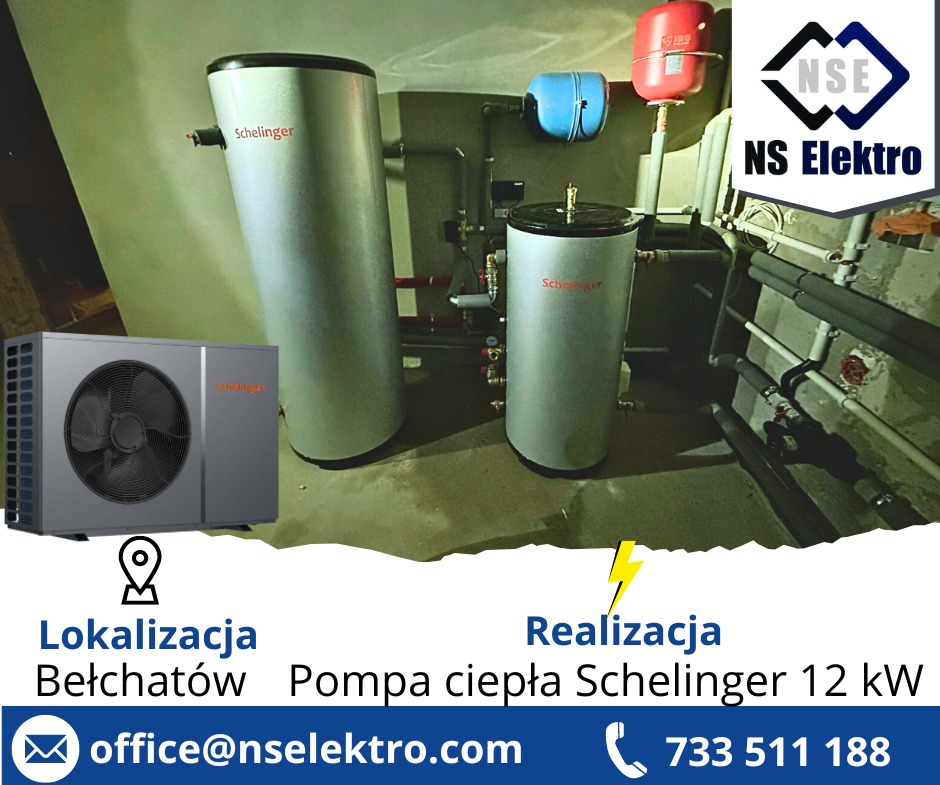 Instalacja pompy ciepła Schelinger 12 kW z dwoma zbiornikami w pomieszczeniu technicznym, widoczne orurowanie, zabezpieczenia, oraz zewnętrzna jednostka. Na zdjęciu widoczne elementy graficzne...