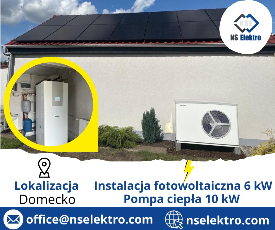 Zewnętrzny montaż pompy ciepła i instalacji fotowoltaicznej na dachu domu jednorodzinnego, widoczny zbiornik wyrównawczy i jednostka wewnętrzna.