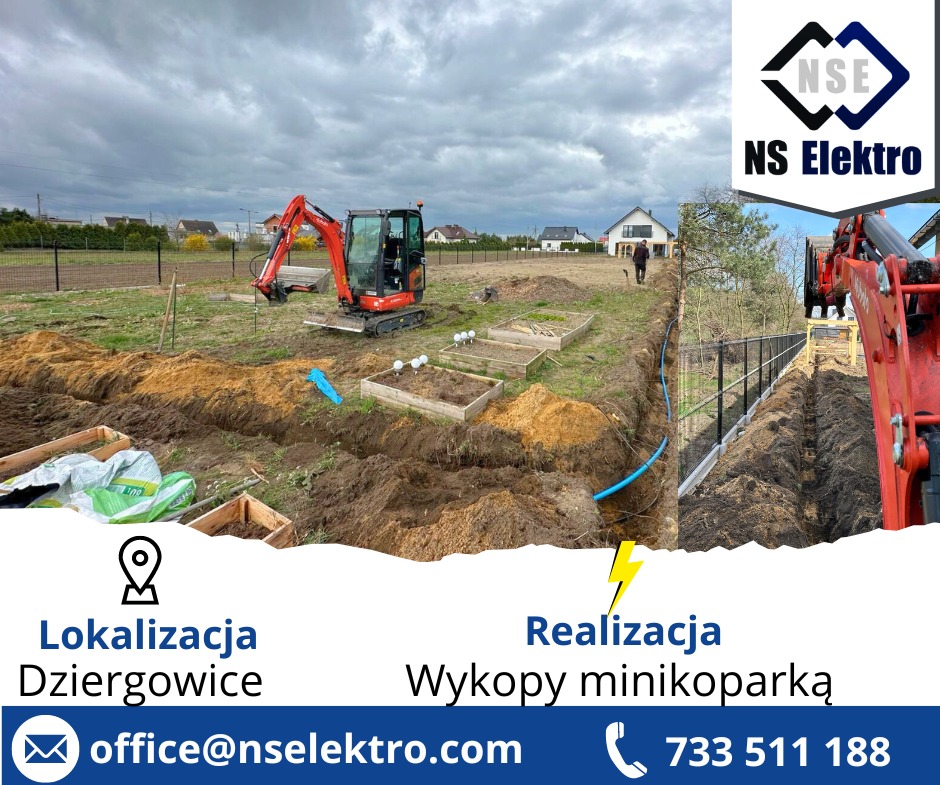 Wykonanie wykopów pod instalacje na działce, widoczny minikoparka, rów z niebieską rurą, przygotowane grządki, logo firmy w rogu.