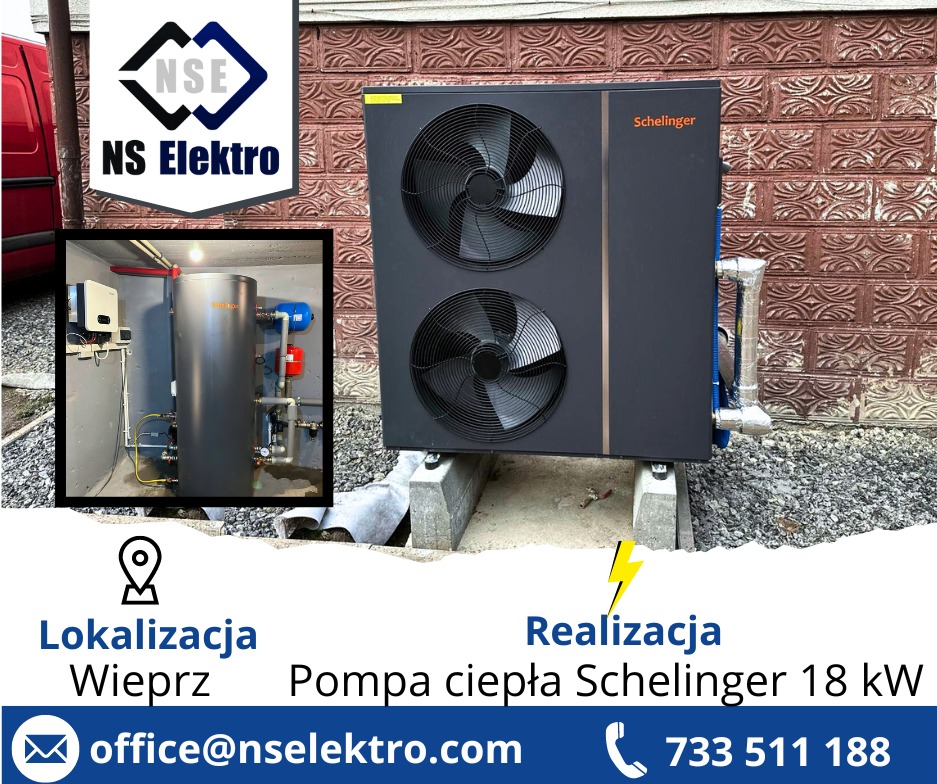 Pompa ciepła Schelinger 18kW zainstalowana na betonowych wspornikach przed ceglaną ścianą, z widocznym zbiornikiem buforowym w tle oraz logo firmy NS Elektro w rogu.