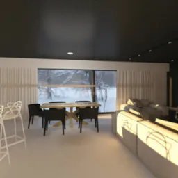 Wnętrze nowoczesnego salonu z aneksem kuchennym, widok na stół jadalny z czarnymi krzesłami, białe hokery przy wyspie kuchennej i kanapę w odcieniach beżu, za oknem zimowy krajobraz.