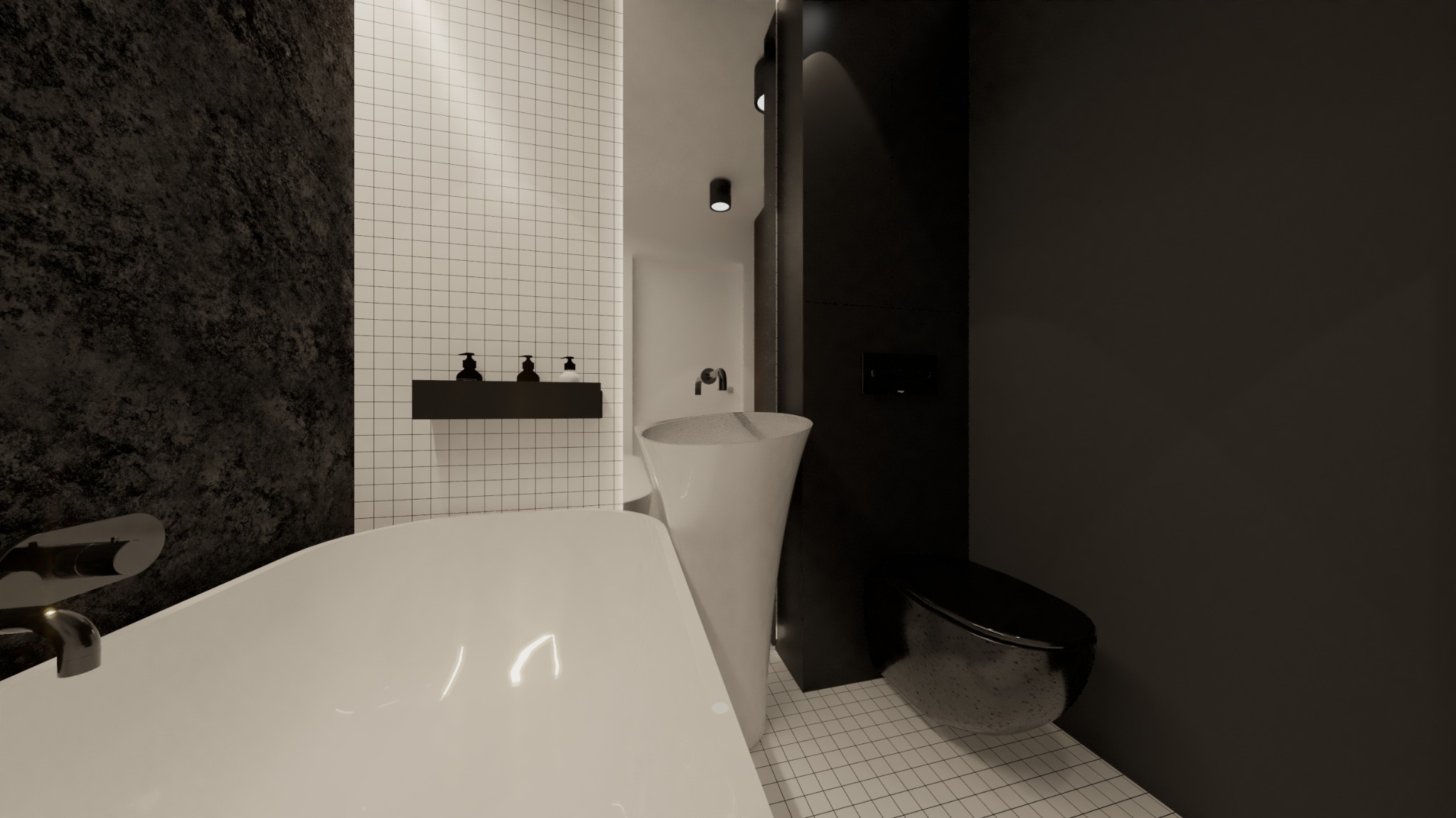 Minimalistyczna łazienka w czarno-białej kolorystyce z wolnostojącą wanną, umywalką na postumencie i wiszącą toaletą, podkreślona przez kwadratowe płytki i ciemną, teksturowaną ścianę.