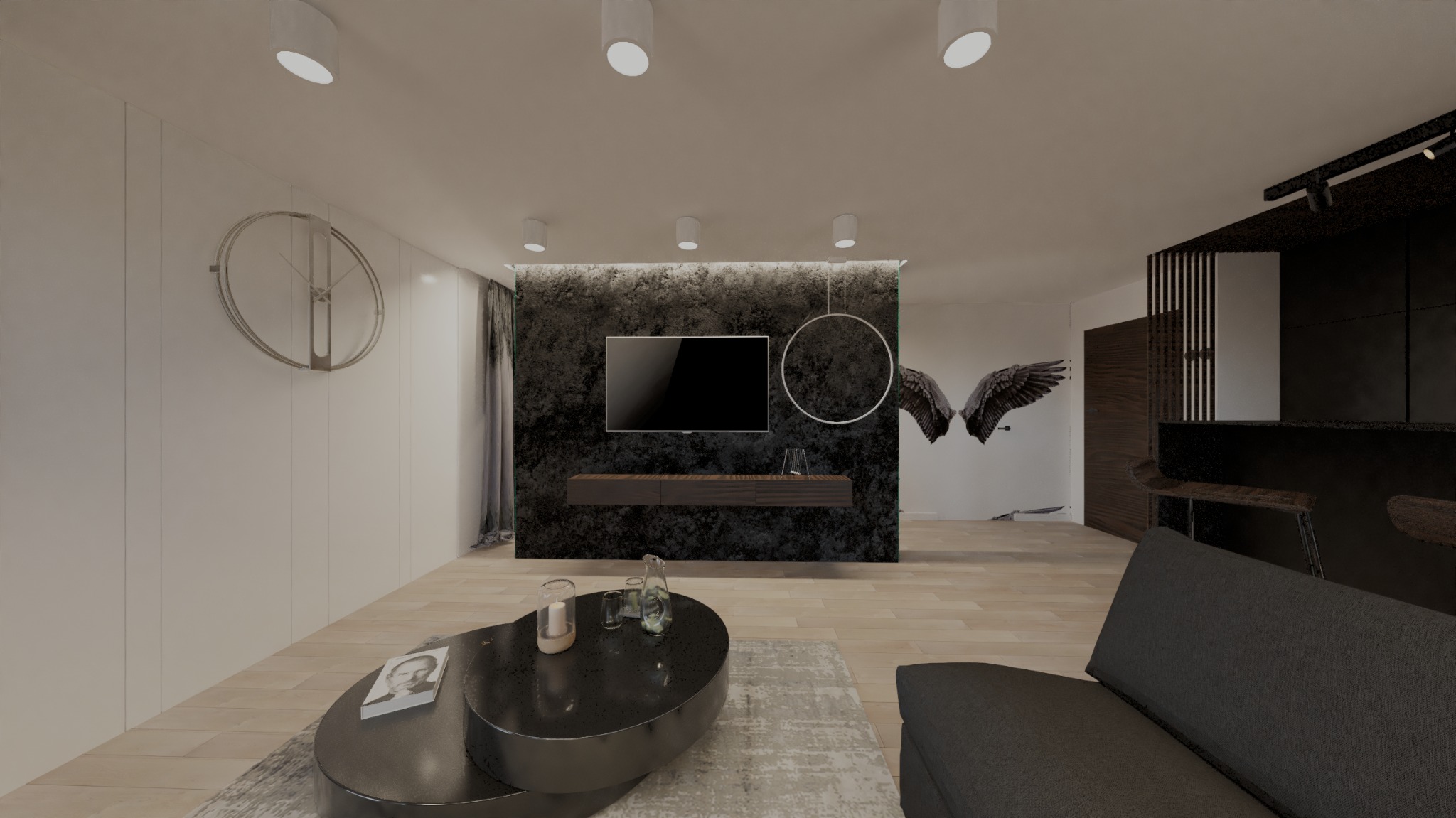 Wizualizacja salonu w nowoczesnym stylu z czarnym akcentem ściany TV, okrągłym zegarem na białej ścianie i dekoracją ze skrzydłami na ścianie, oświetlenie punktowe i stolik kawowy z dekoracjami.
