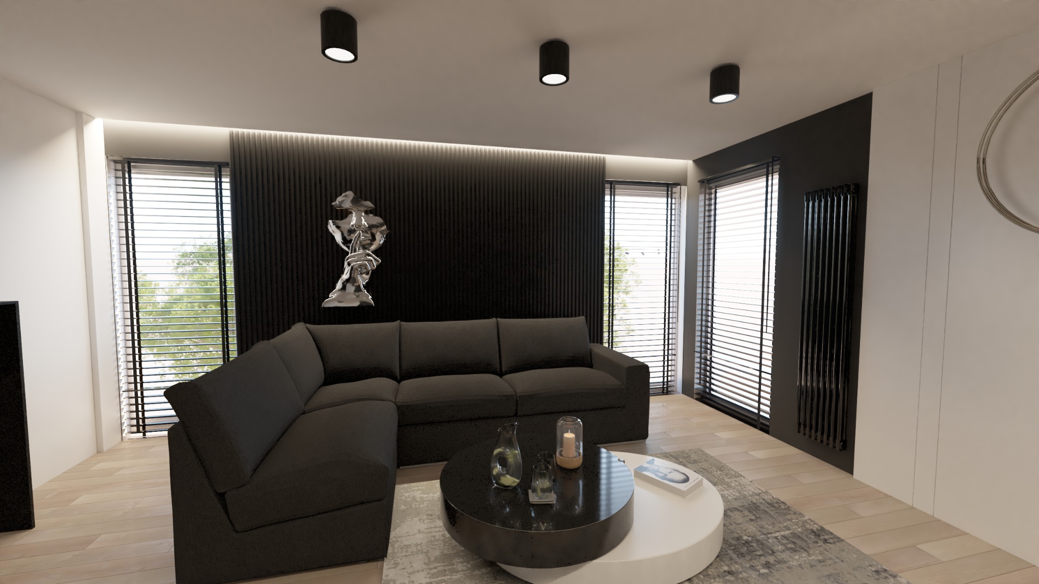 Nowoczesny salon w minimalistycznym stylu z szarą narożną sofą, okrągłym stolikiem kawowym z czarnym blatem i białą podstawą, dekoracyjną figurą na ścianie z lamelami oraz grzejnikiem w kolorze...