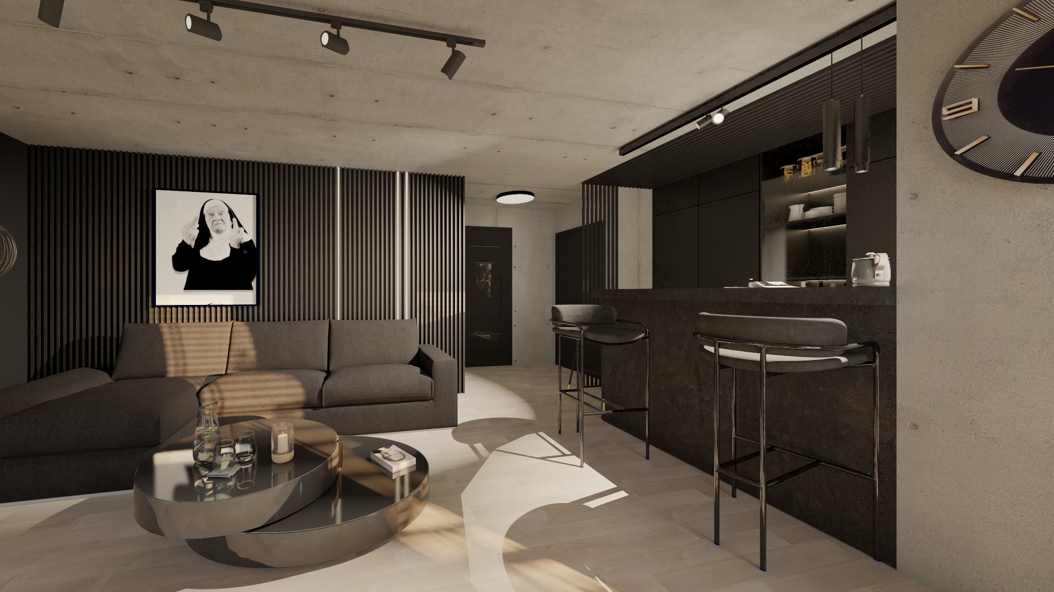 Wizualizacja wnętrza mieszkania w stylu loft z aneksem kuchennym, szarą sofą i minimalistycznym oświetleniem punktowym.