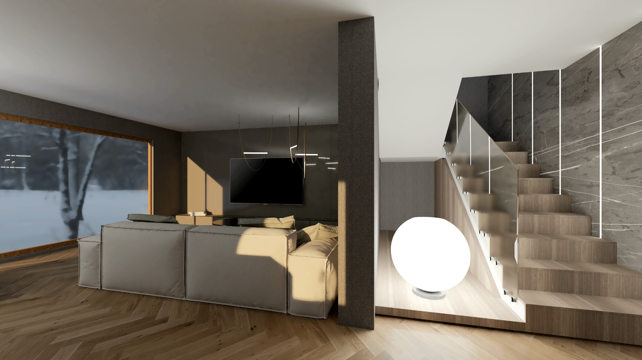 Wnętrze domu z widokiem na schody z drewnianymi stopniami i szklaną balustradą, obok lampa kula, w salonie duża sofa modułowa i telewizor na ścianie, za oknem zimowy krajobraz.