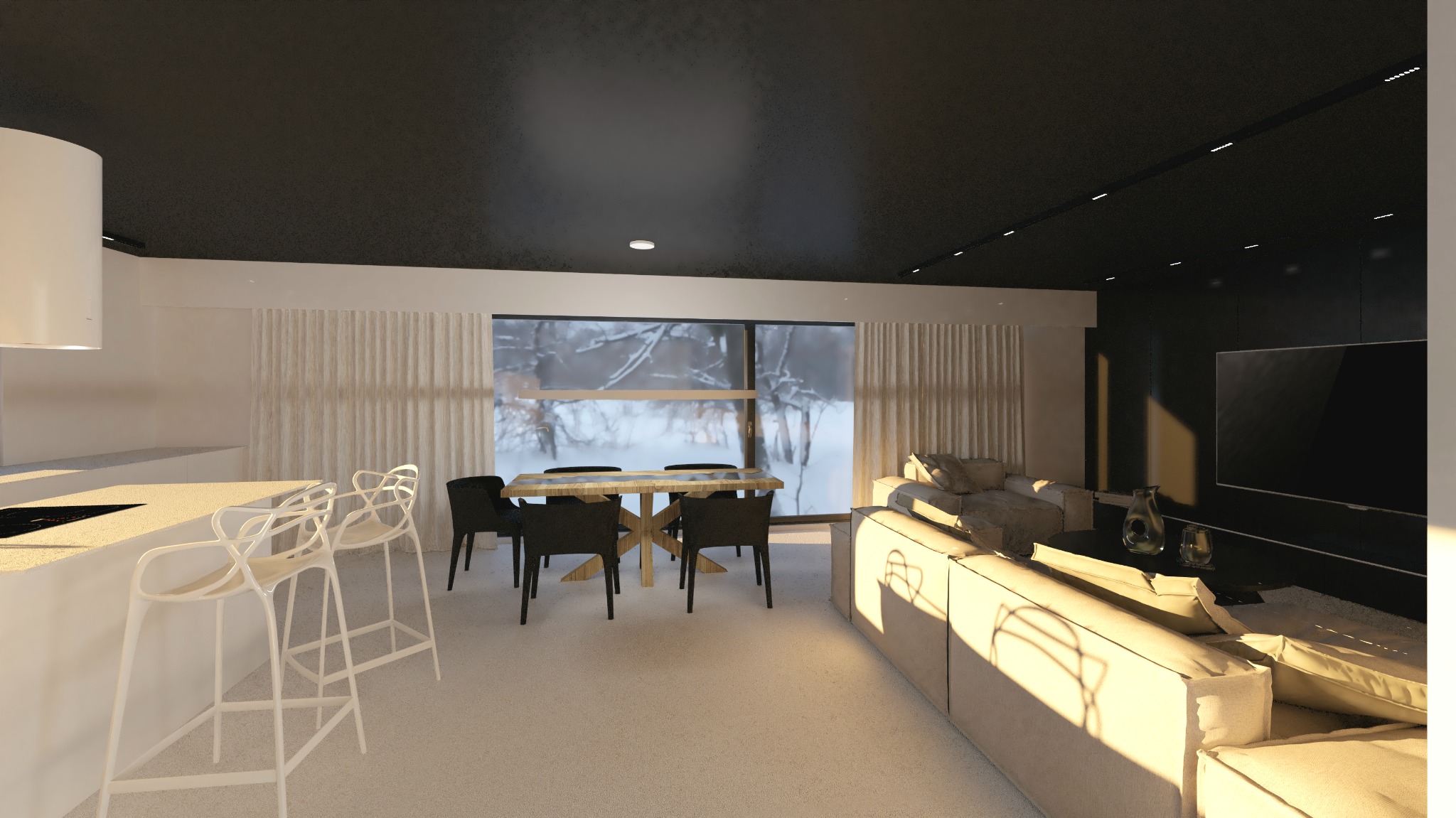 Wnętrze nowoczesnego salonu z aneksem kuchennym, widok na stół jadalny z czarnymi krzesłami, białe hokery przy wyspie kuchennej i kanapę w odcieniach beżu, za oknem zimowy krajobraz.