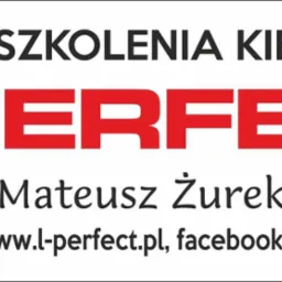 Logo ośrodka szkolenia kierowców z niebieską literą L w kwadracie i czerwonym napisem PERFECT, dane kontaktowe i nazwisko Mateusz Żurek.