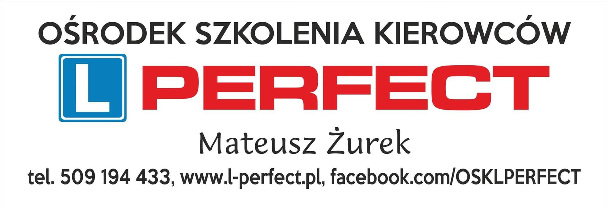 Logo ośrodka szkolenia kierowców z niebieską literą L w kwadracie i czerwonym napisem PERFECT, dane kontaktowe i nazwisko Mateusz Żurek.