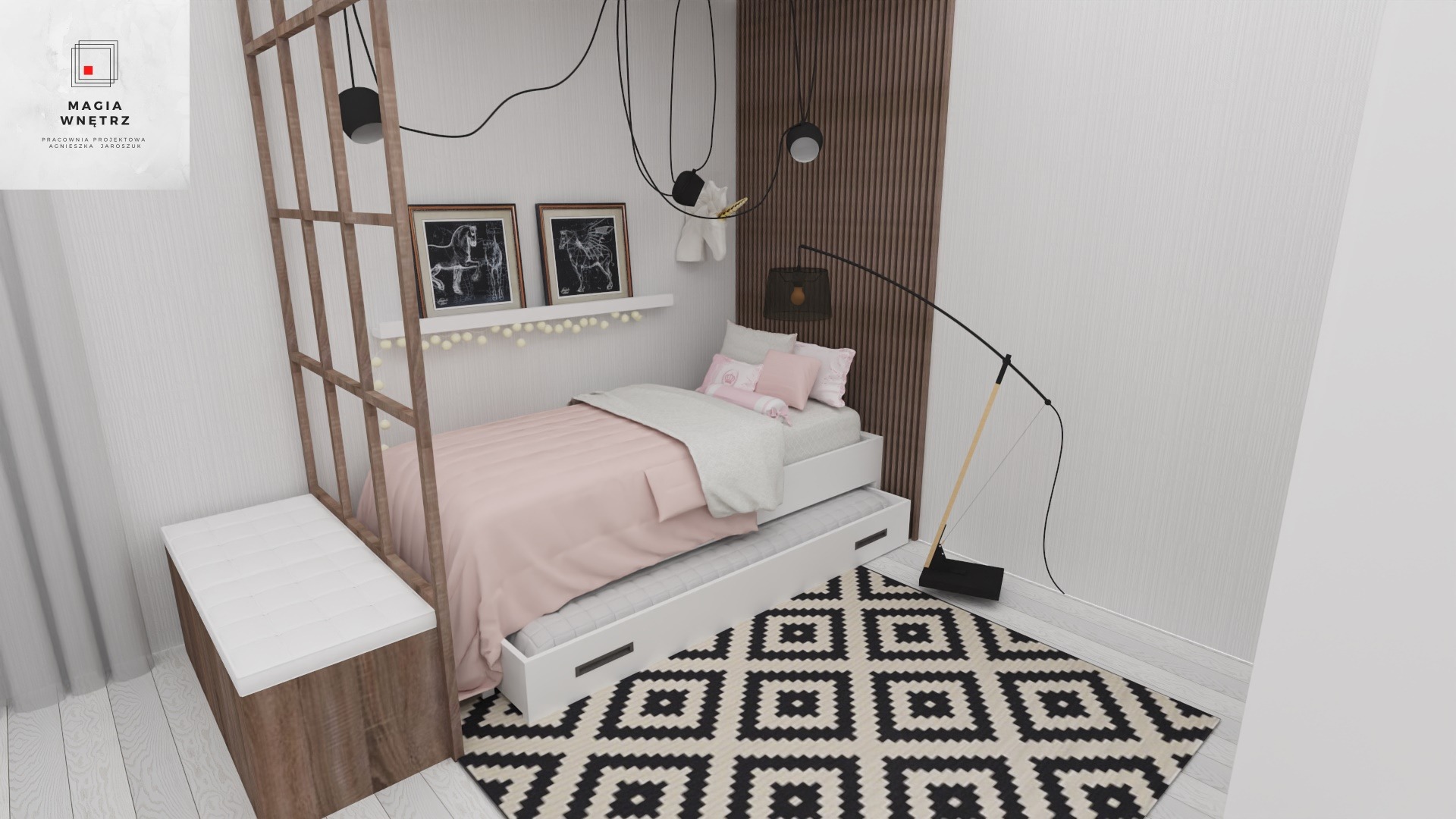 Wizualizacja pokoju dziecięcego z łóżkiem wysuwanym, drewnianą ścianką działową, lampą podłogową i dywanem w geometryczne wzory.