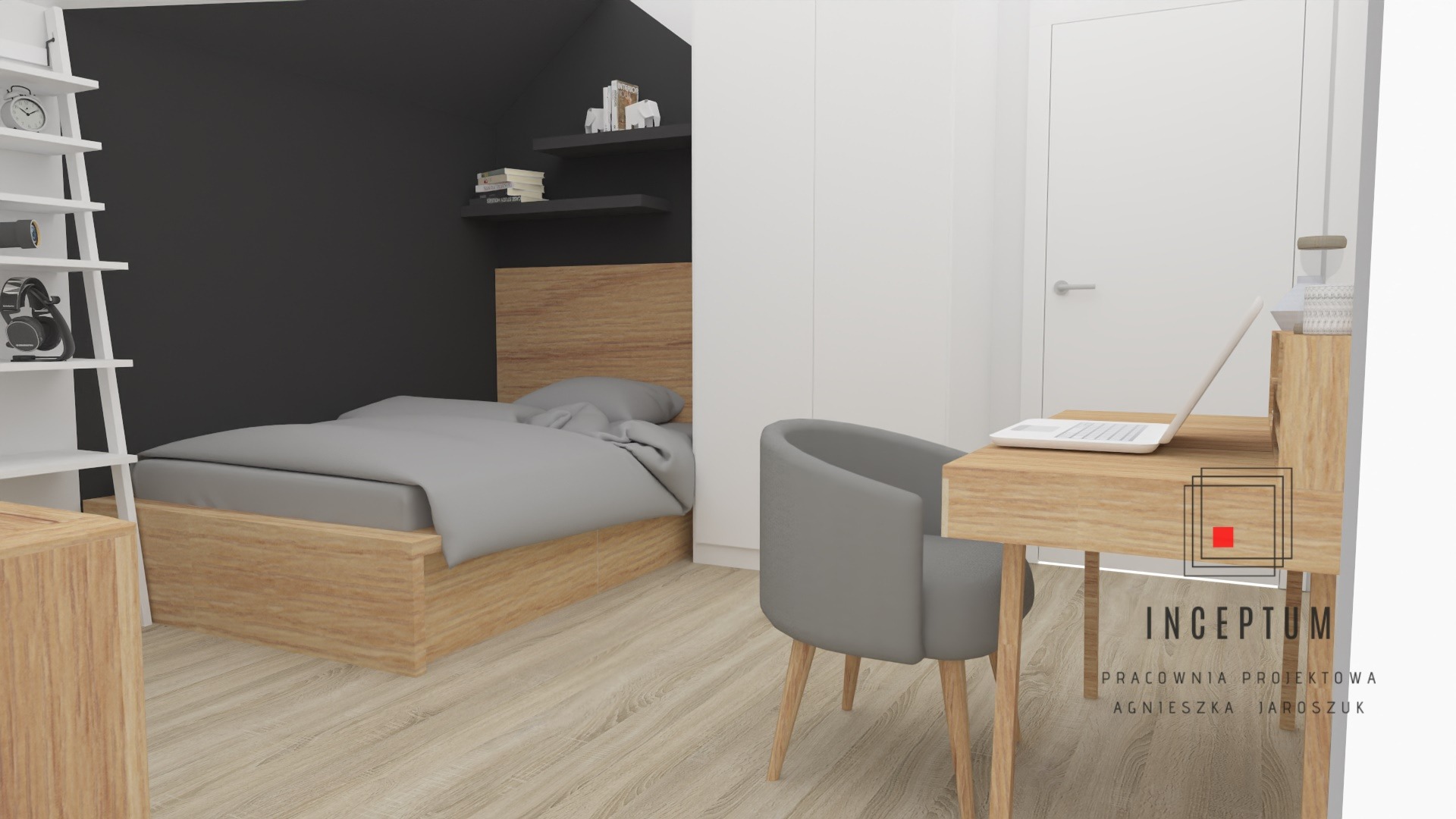 Wizualizacja pokoju z łóżkiem z drewnianą ramą, szarą pościelą, biurkiem z laptopem i szarym krzesłem na tle ciemnej ściany i białych szaf.