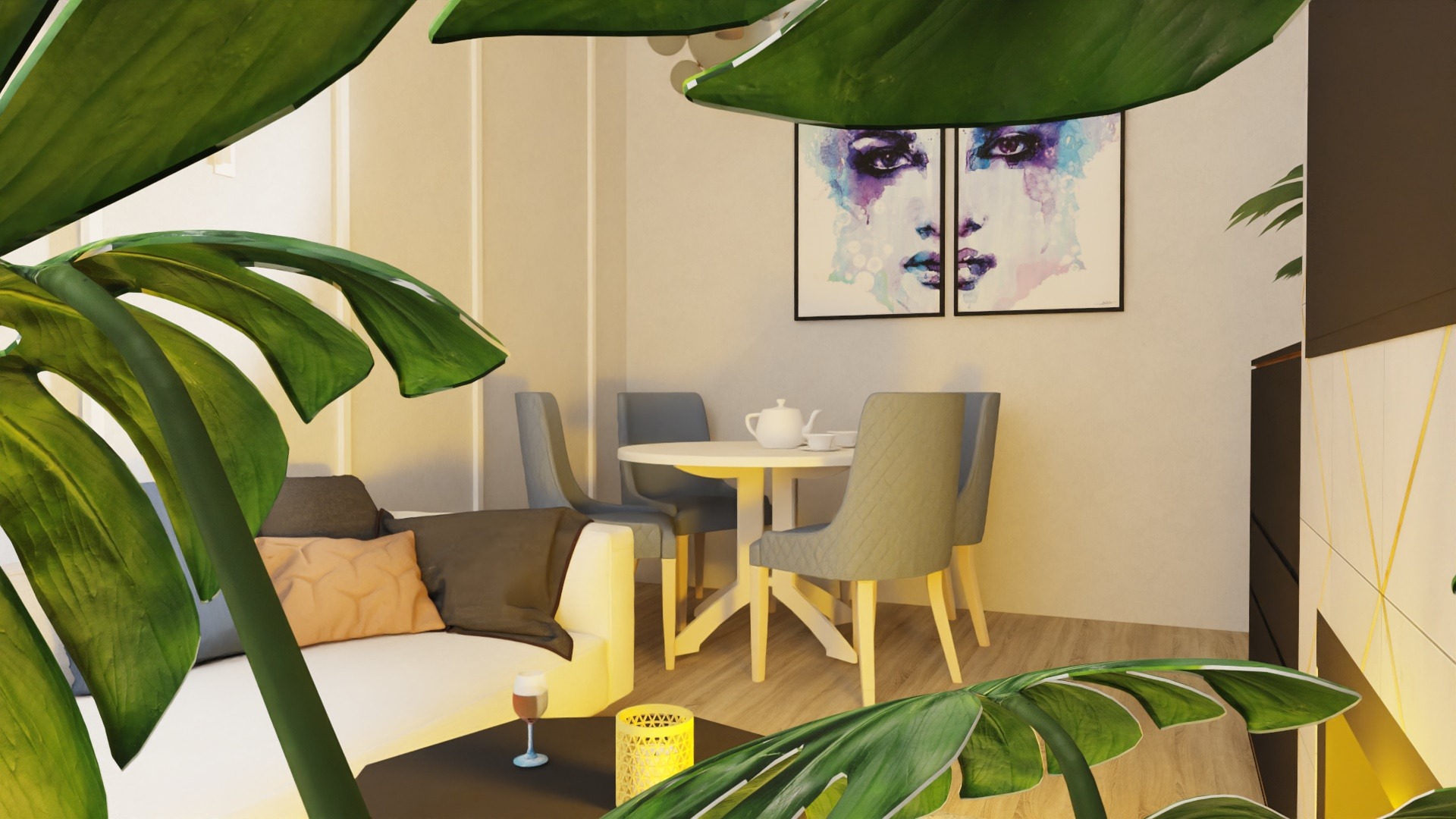 Wizualizacja wnętrza z roślinami monstera w pierwszym planie, okrągły stół z krzesłami, sofa z poduszkami i abstrakcyjne obrazy na ścianie.