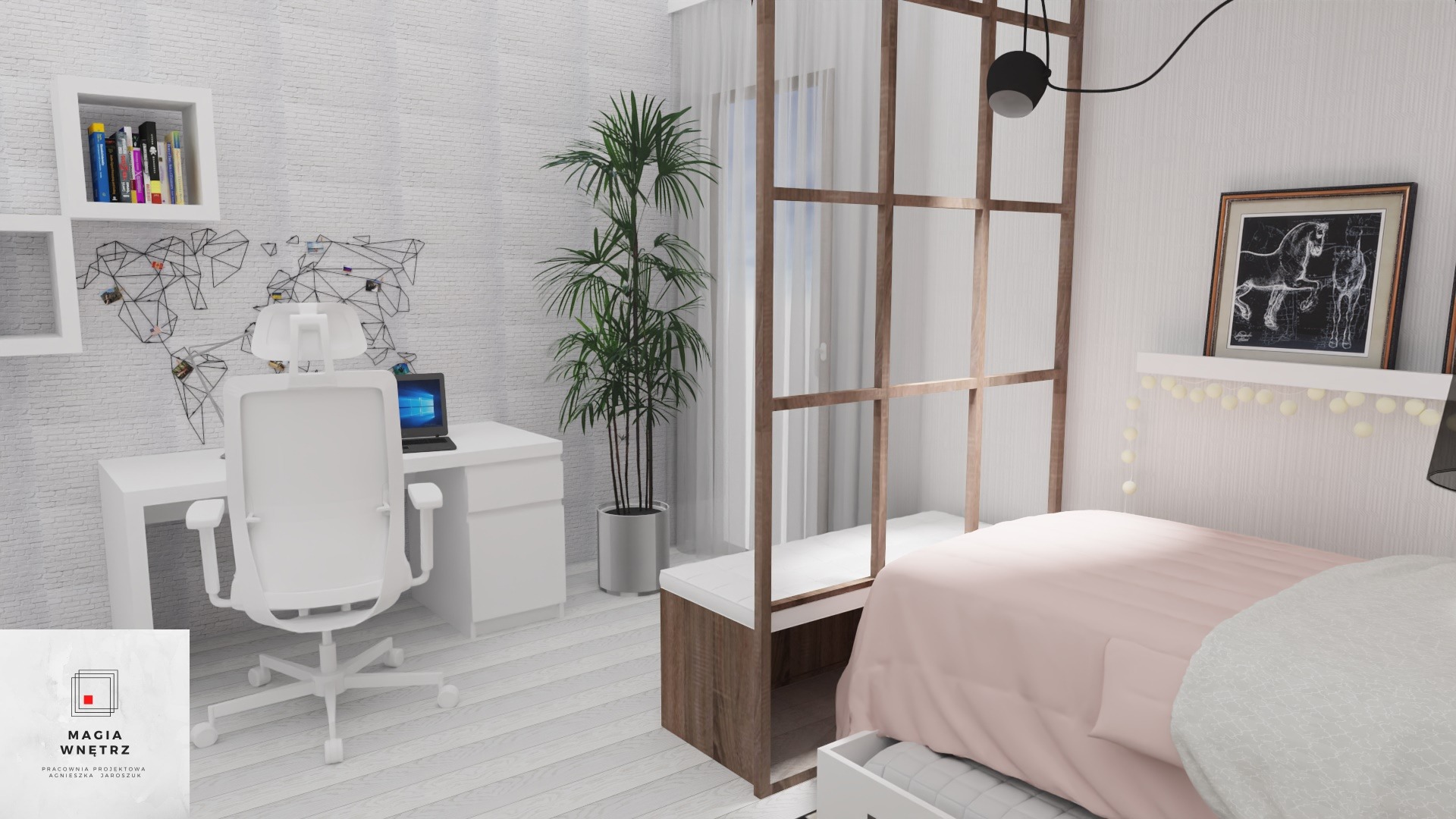 Pokój z biurkiem, łóżkiem i regałem oddzielającym strefy, dekoracja ściany mapą świata z pinezkami, jasna kolorystyka, roślina doniczkowa.