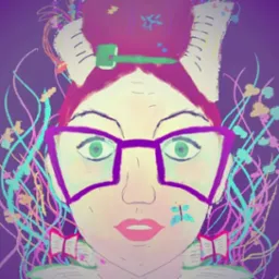 Ilustracja cyfrowa przedstawiająca portret kobiety z okularami, włosami upiętymi w kok z elementami książek i pióra, otoczonej abstrakcyjnymi roślinnymi motywami na fioletowym tle.