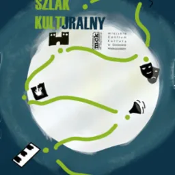 Ilustracja plakatu promującego Nocny Szlak Kulturalny, z ikonami przedstawiającymi atrakcje: zamek, mikrofon, teatr, głośnik, królik w ramce i klawiatura fortepianu, połączone zieloną ścieżką...