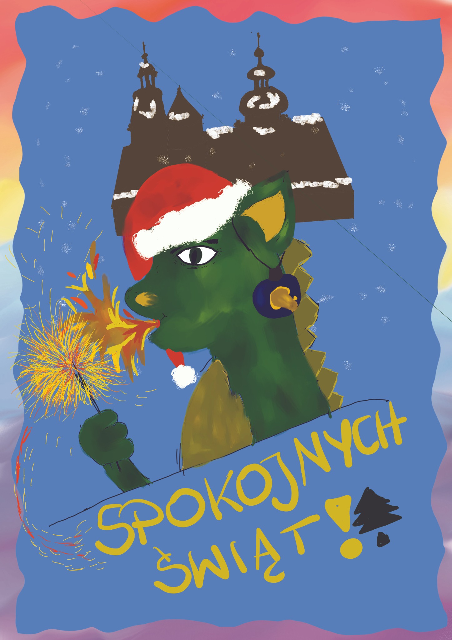 Ilustracja cyfrowa przedstawiająca zielonego smoka w czapce Świętego Mikołaja, trzymającego w łapie płonącą zimną iskrę, na tle sylwetki miasta pokrytej śniegiem i napisu 'Spokojnych Świąt'.