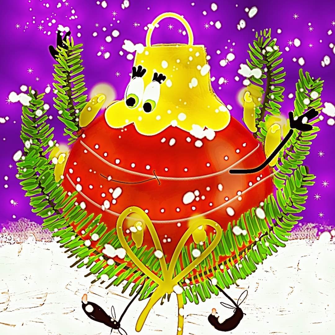 Kreskówkowa ilustracja świątecznej bombki z oczami i rękami, otoczonej gałązkami choinki i śniegiem na fioletowym tle w kropki.