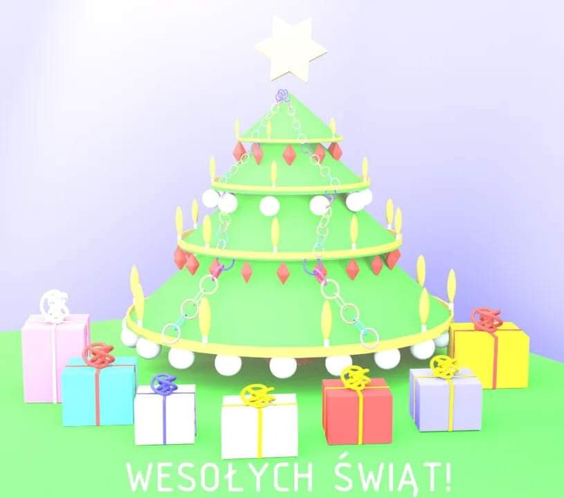 Stylizowana grafika 3D przedstawiająca choinkę z prezentami w pastelowych kolorach i napisem 'Wesołych Świąt!'