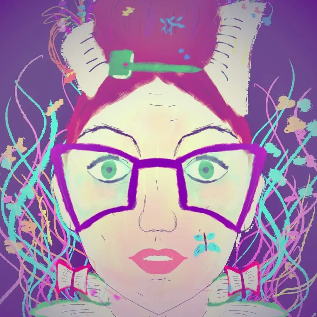 Ilustracja cyfrowa przedstawiająca portret kobiety z okularami, włosami upiętymi w kok z elementami książek i pióra, otoczonej abstrakcyjnymi roślinnymi motywami na fioletowym tle.