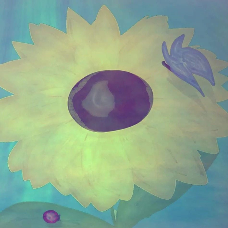 Ilustracja słonecznika z fioletowym środkiem, niebieskim motylem i biedronką na liściu, na rozmytym, turkusowym tle.