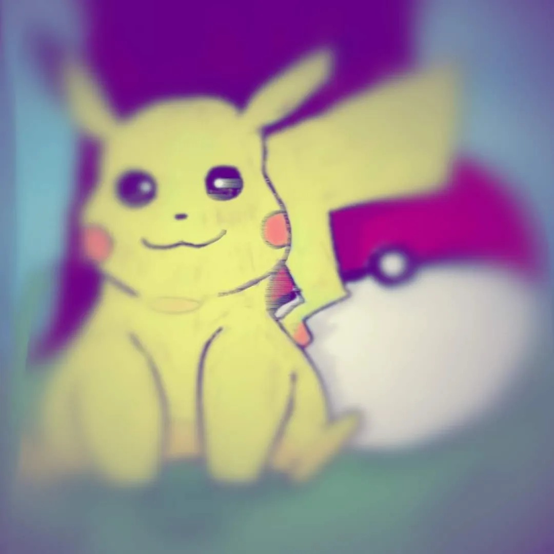 Rysunek Pikachu z Pokeballem w tle, wykonany cienkimi liniami na rozmytym tle.