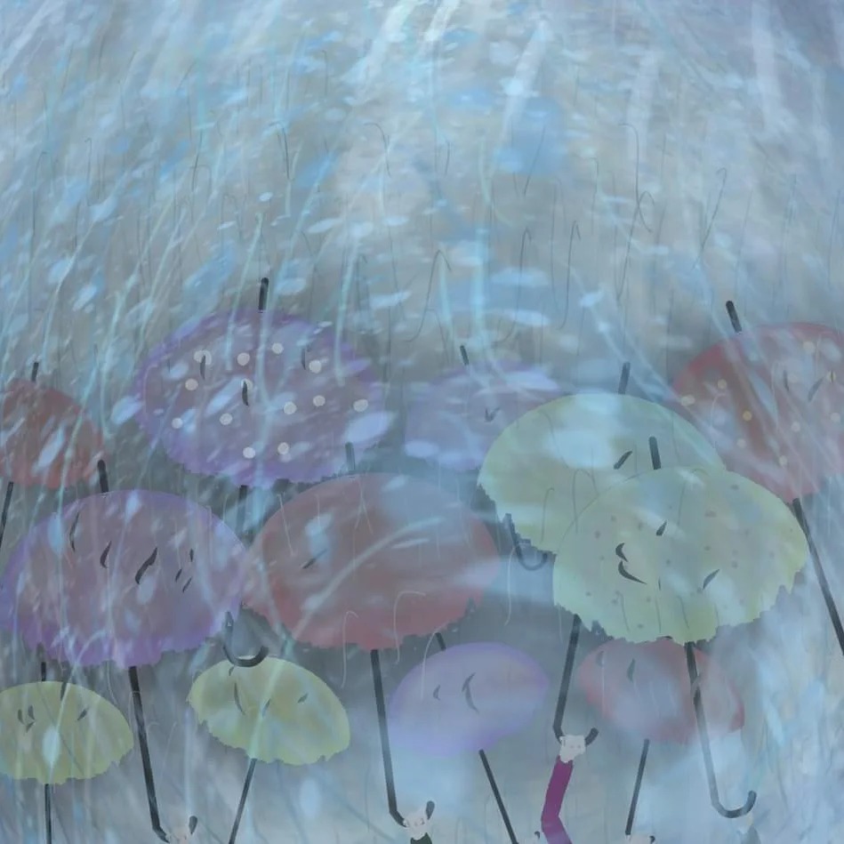 Ilustracja przedstawiająca deszczowy dzień w Bytomiu, z kolorowymi parasolami i padającym deszczem, stylizowana na akwarelę.