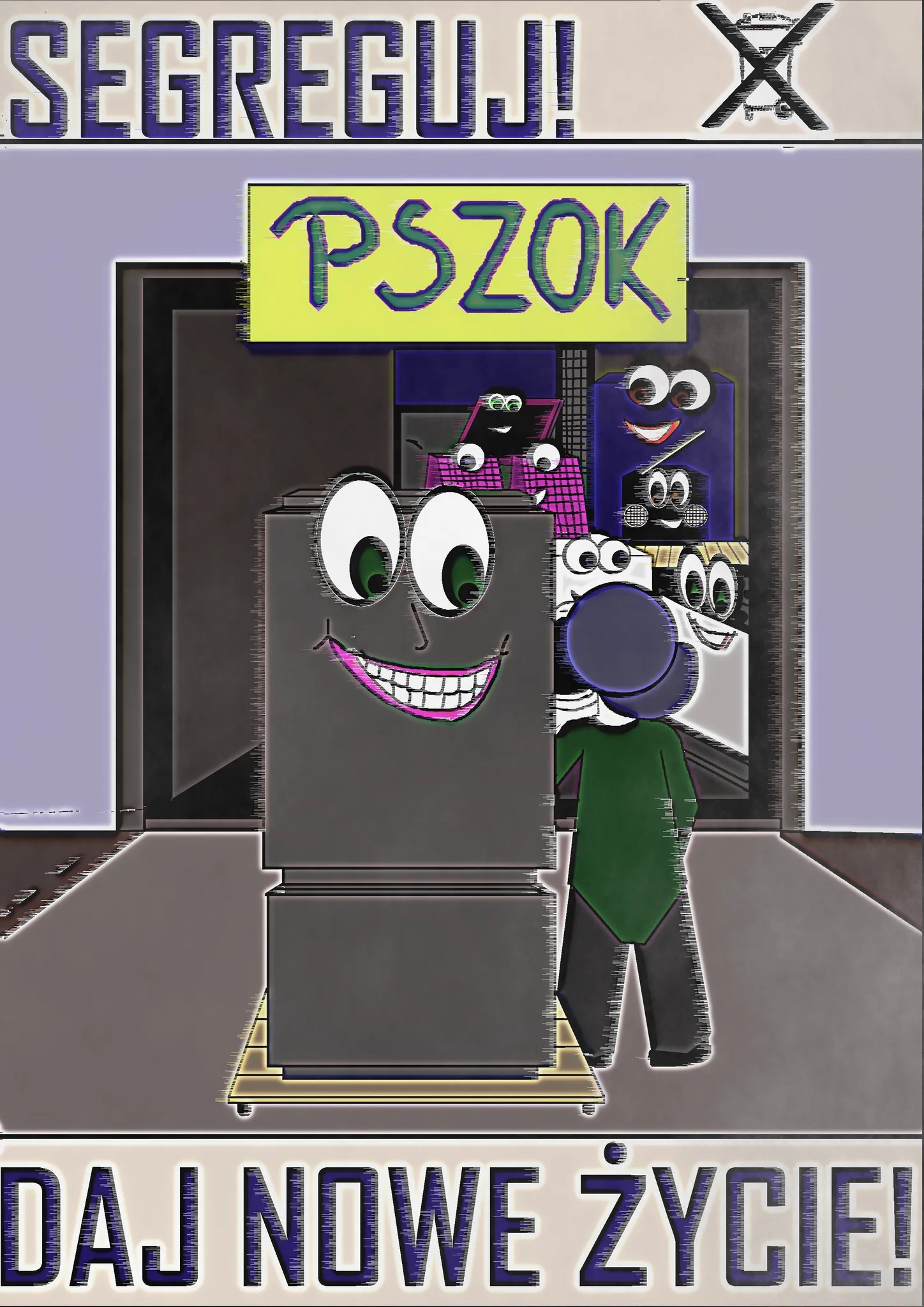 Ilustracja przedstawiająca kontenery do segregacji odpadów z animowanymi twarzami, symbolizująca ideę recyklingu i nadawania 'nowego życia' odpadom, z napisem 'SEGREGUJ!' i 'DAJ NOWE ŻYCIE!'...