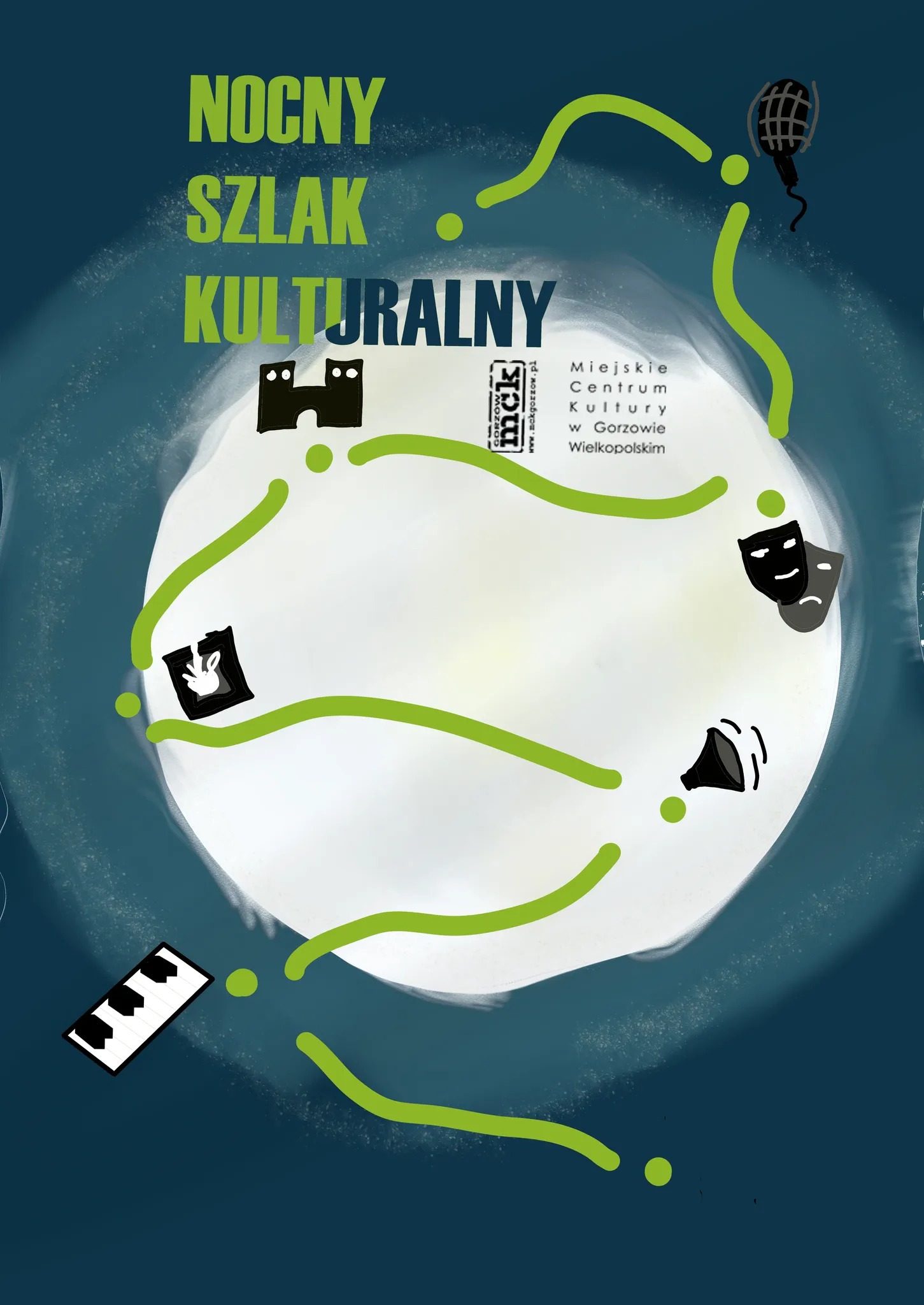 Ilustracja plakatu promującego Nocny Szlak Kulturalny, z ikonami przedstawiającymi atrakcje: zamek, mikrofon, teatr, głośnik, królik w ramce i klawiatura fortepianu, połączone zieloną ścieżką...