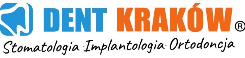 Logo Dent Kraków z niebieskim symbolem zęba i pomarańczowym napisem, pod spodem czarnym fontem wypisane Stomatologia, Implantologia, Ortodoncja.
