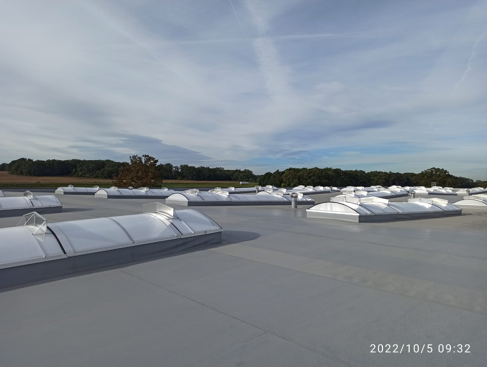 Szary, płaski dach przemysłowy z licznymi świetlikami kopułowymi, widok na las w oddali i błękitne niebo z chmurami.