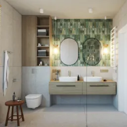 Nowoczesna łazienka z dwoma okrągłymi lustrami, zieloną mozaiką na ścianie, drewnianą szafką pod umywalkami i małym drewnianym stołkiem obok toalety.