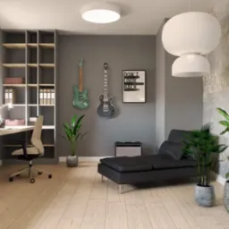 Wnętrze biura domowego z biurkiem zintegrowanym z regałami, czarną leżanką, gitarami na ścianie i dekoracyjnym oświetleniem, utrzymane w szarościach i drewnie.