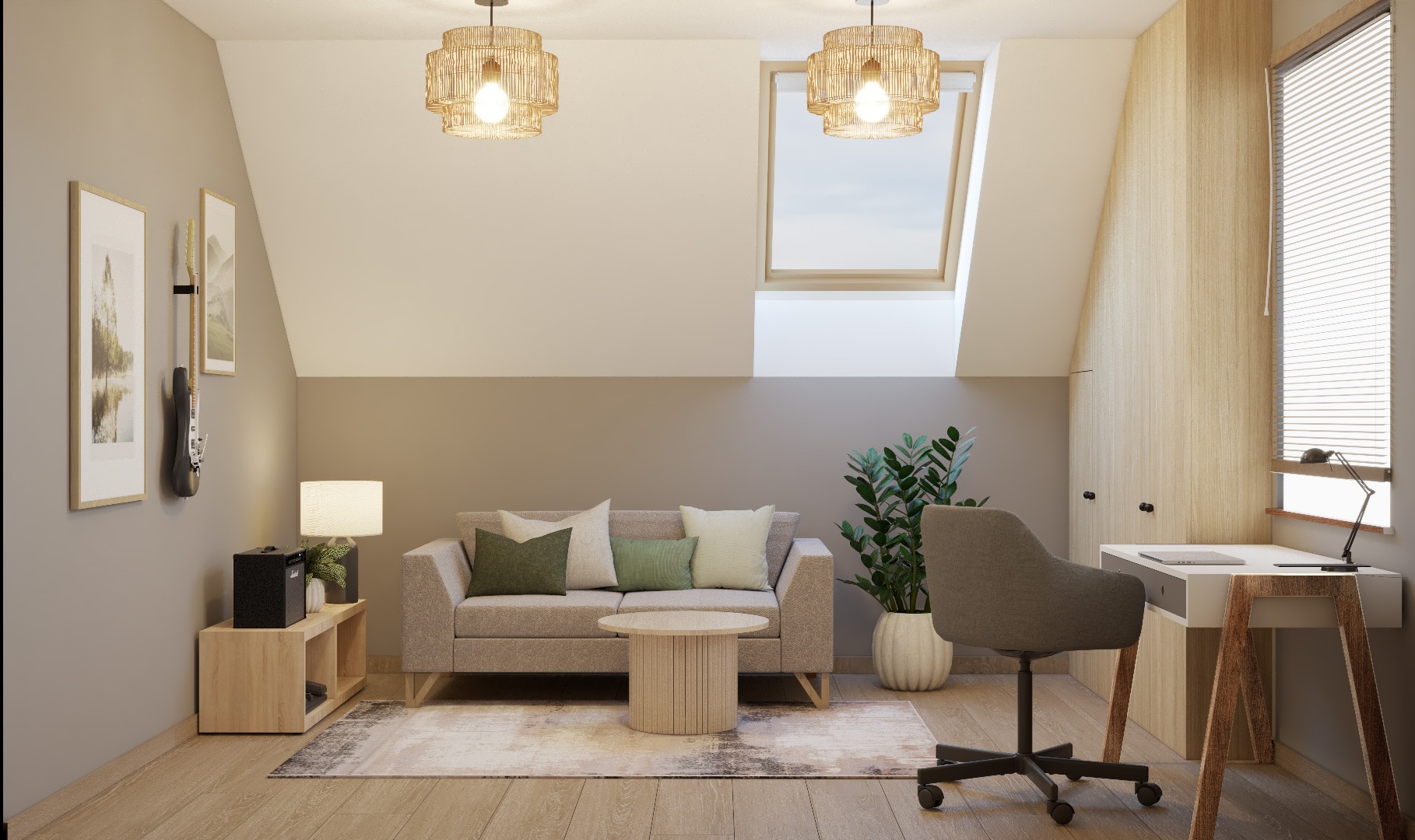 Jasne, skośne poddasze zaaranżowane jako pokój dzienny z miejscem do pracy: sofa z poduszkami, stolik kawowy, biurko z lampką, roślina doniczkowa i dekoracje ścienne.