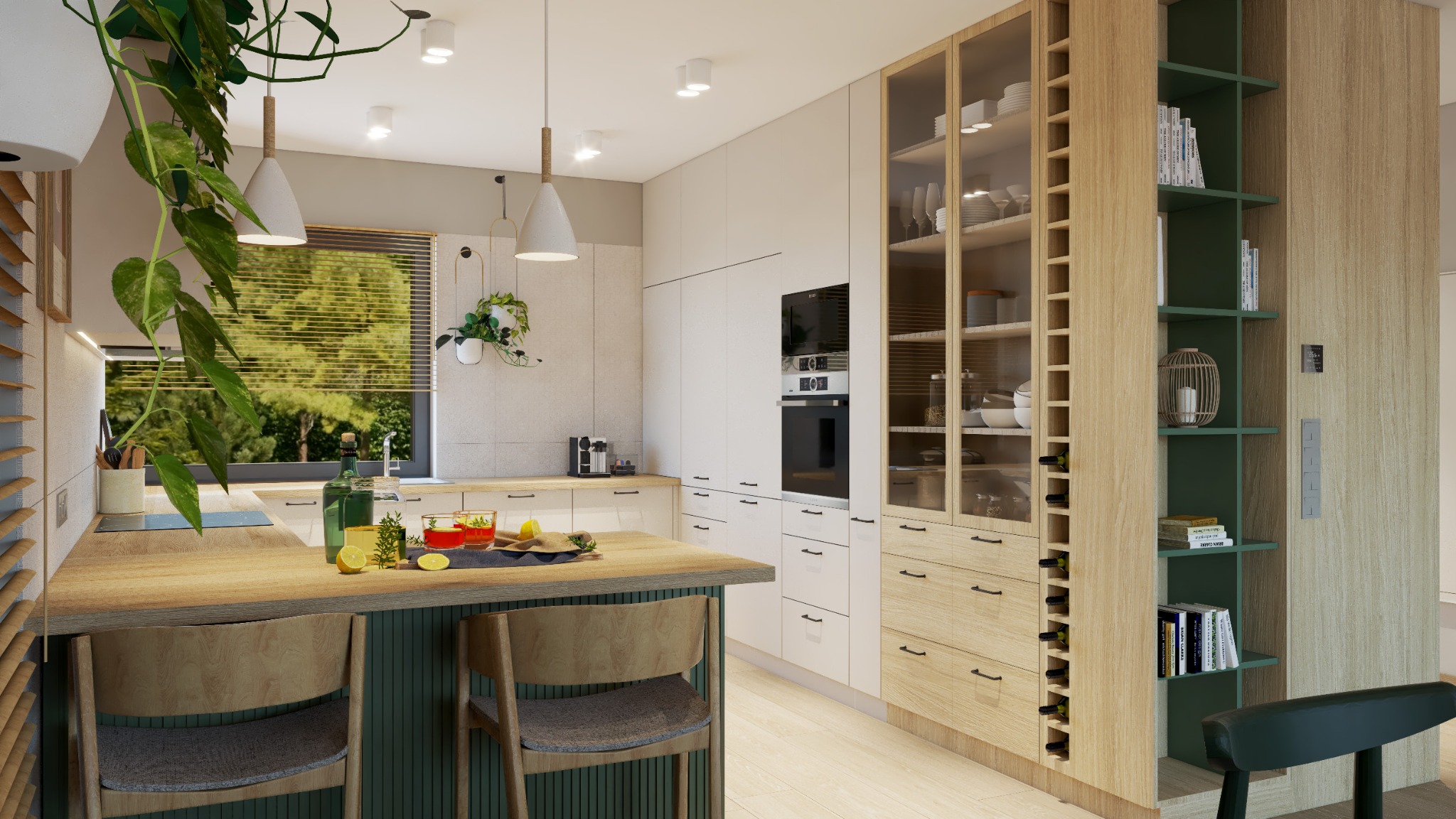 Wizualizacja nowoczesnej kuchni z wyspą, drewnianymi krzesłami barowymi, przeszkloną witryną i zielonymi akcentami kolorystycznymi, oświetlona naturalnym światłem wpadającym przez okno z żaluzjami.