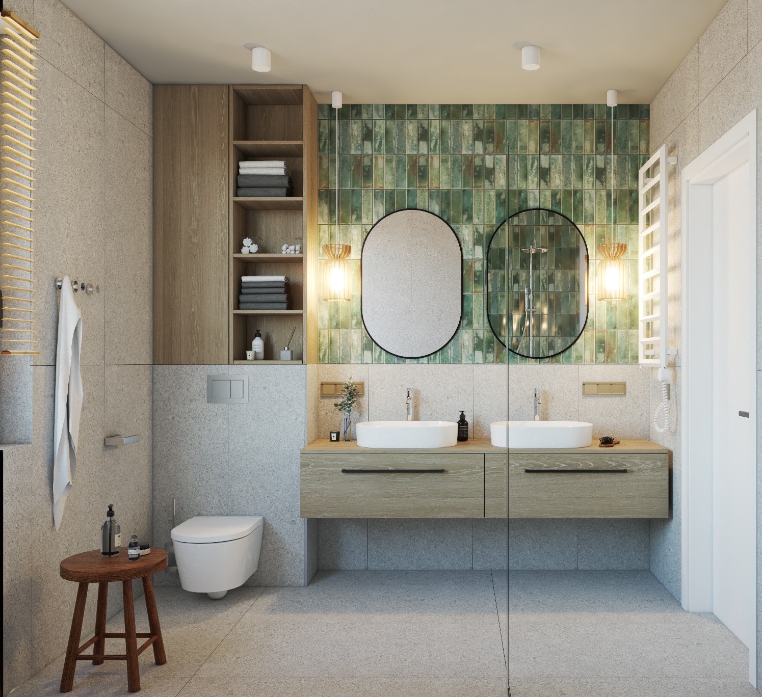 Nowoczesna łazienka z dwoma okrągłymi lustrami, zieloną mozaiką na ścianie, drewnianą szafką pod umywalkami i małym drewnianym stołkiem obok toalety.