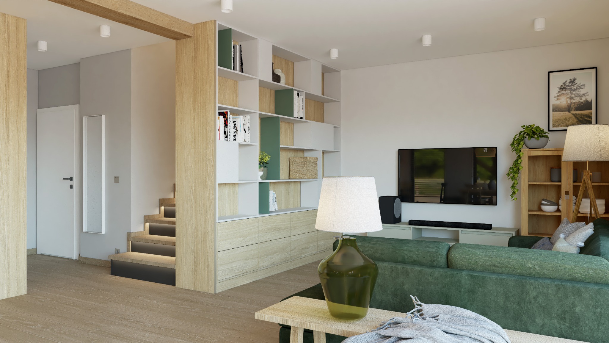 Jasne wnętrze salonu z zieloną sofą, regałem z elementami zieleni i podświetlanymi schodami