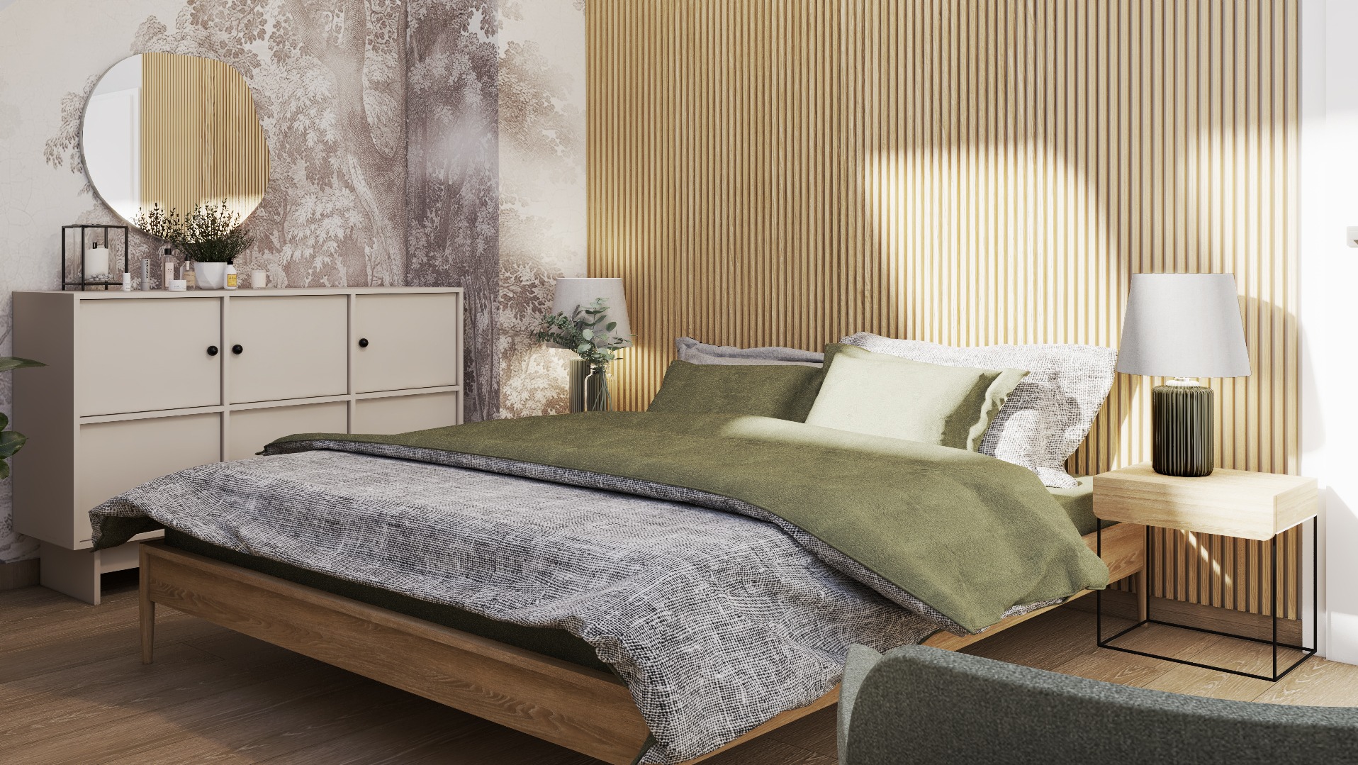 Jasna sypialnia z drewnianym łóżkiem, komodą i okrągłym lustrem na tle tapety z motywem drzew, oświetlona lampkami nocnymi.