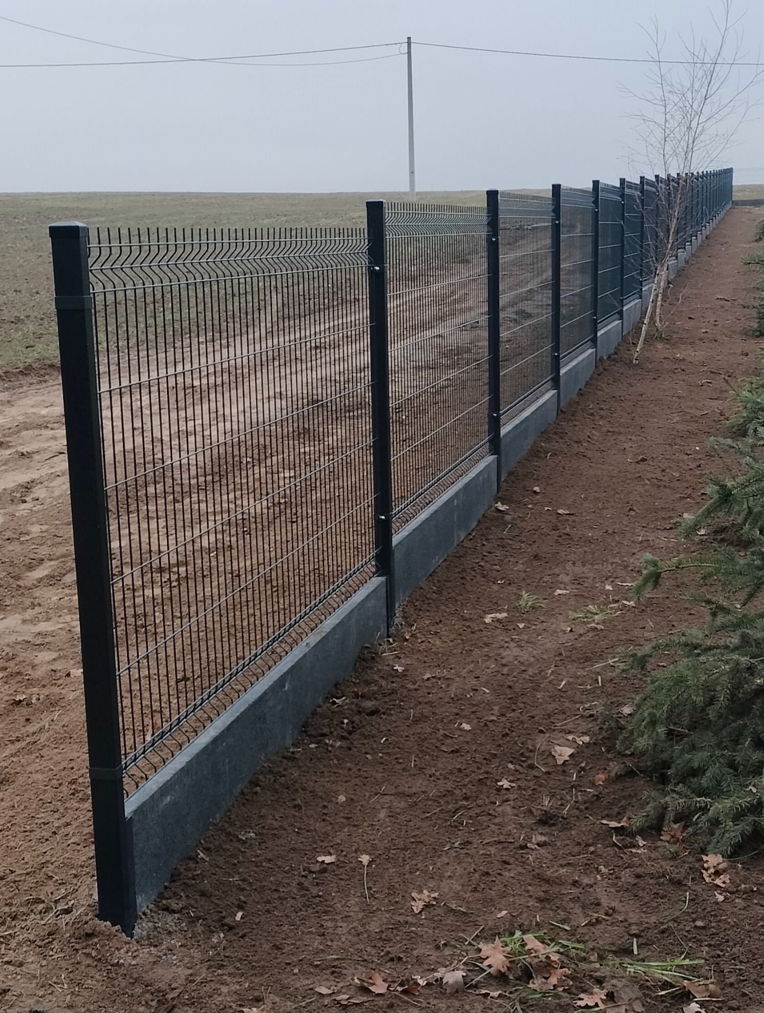 Nowoczesne ogrodzenie panelowe z podmurówką w Krogulcu. Metalowa siatka, betonowa podstawa, schludny montaż. Widok na pole i słup energetyczny w tle.